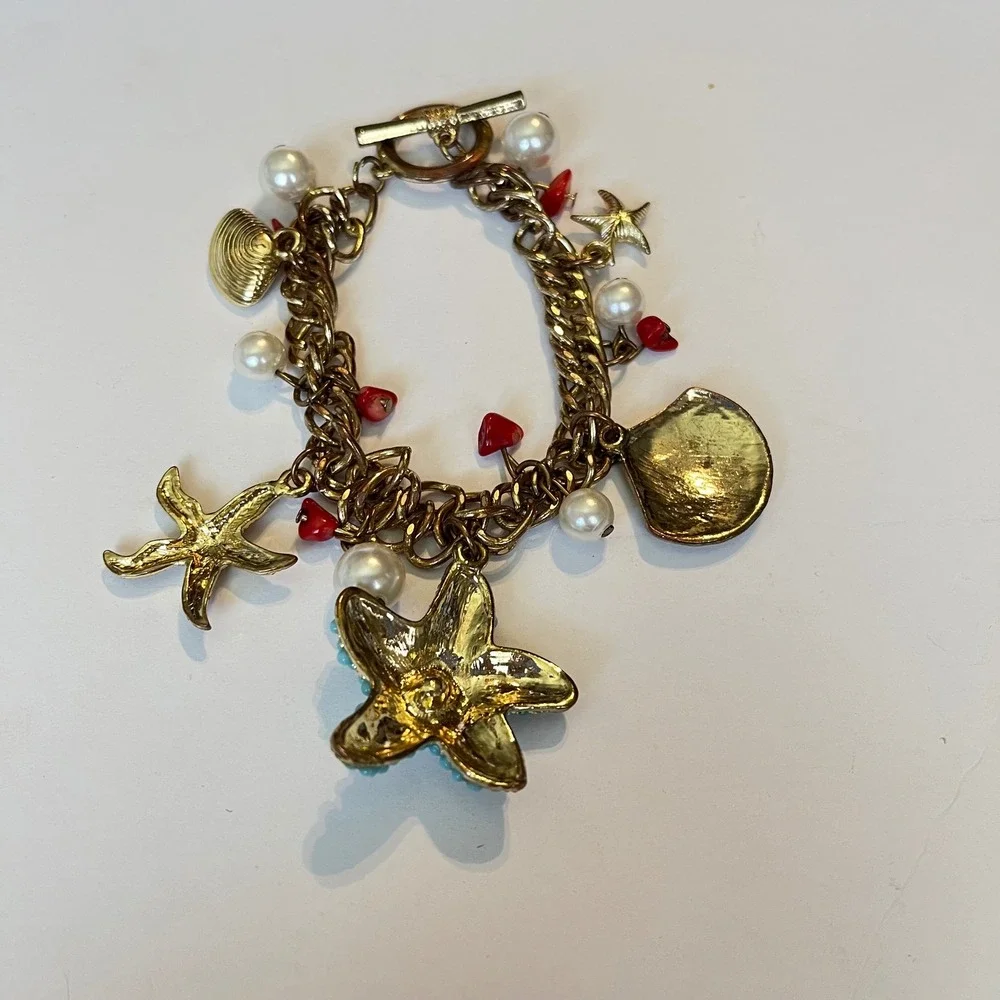 Vintage Charm Necklace Bracelet‎ Set Gold Shell Starfish Pearl Red Bead Coastal